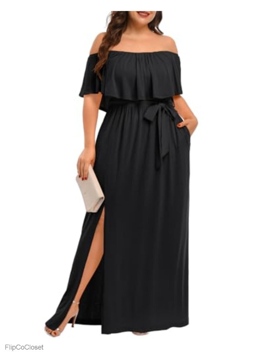 Plus Size Off Shoulder Ruffle Maxi Dress with Slit Pockets Wedding Guest